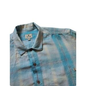 Solitude Button Up Shirt Men L Blue Plaid Short Sleeves Linen Blend‎ Casual